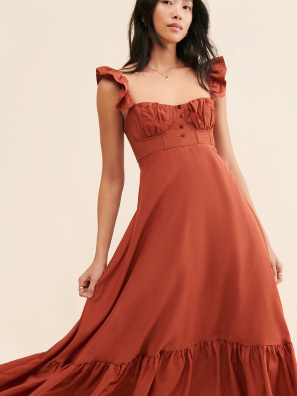 FARM Rio Rust Ruffle-Shoulder Maxi Dress